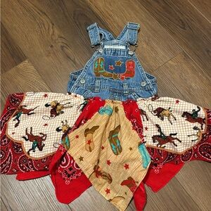 Kids Denim Cowboy Overalls with Red Bandana Skirt custom made